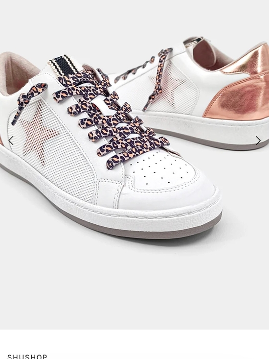 ShuShop Shoes - ShuShop White Sneakers with Rose Gold Heel & Leopard Laces